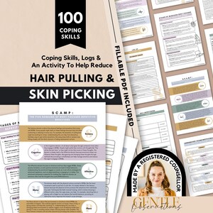 May include: A digital document set titled 100 Coping Skills, Logs & An Activity To Help Reduce Hair Pulling & Skin Picking. The pages feature text, charts, and diagrams in muted tones of beige, green, and purple, with a circular badge stating Made By A Registered Counsellor.
