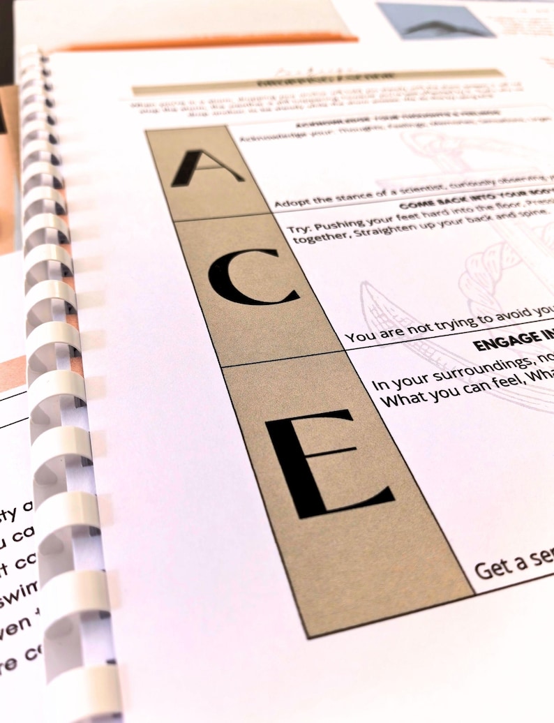 a close-up view of a spiral-bound notebook or folder with a page featuring the word "ACE" prominently displayed.