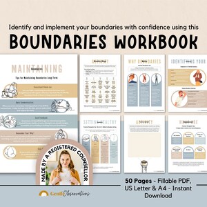 May include: A printable workbook with a light blue and beige color scheme. The workbook is titled "Boundaries Workbook" and features illustrations of people setting boundaries. The workbook is made by a registered counselor and is 50 pages long.