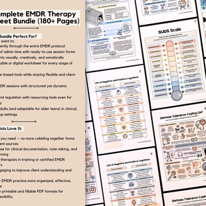 May include: A bundle of EMDR therapy worksheets with the title "The Complete EMDR Therapy Worksheet Bundle (180+ Pages)". The worksheets include the SUDS scale, lists of negative and positive cognitions, and distress tolerance coping lists.