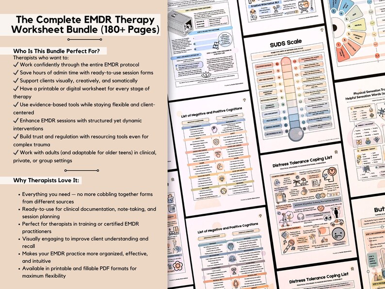 May include: A bundle of EMDR therapy worksheets with the title "The Complete EMDR Therapy Worksheet Bundle (180+ Pages)". The worksheets include the SUDS scale, lists of negative and positive cognitions, and distress tolerance coping lists.