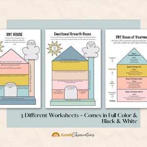K&ouml;nnte beinhalten: Drei druckbare Arbeitsbl&auml;tter in Form von H&auml;usern, jedes mit einem anderen Thema: DBT House, Emotional Growth House und DBT House of Treatment. Die Arbeitsbl&auml;tter sind in Pastellfarben mit schwarzen Umrissen und enthalten Text und Illustrationen.