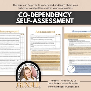 May include: A three-page co-dependency self-assessment document in PDF format. The pages feature a questionnaire with yes and no checkboxes, a scoring system, and informational text. A circular badge states Made by a Registered Counsellor.