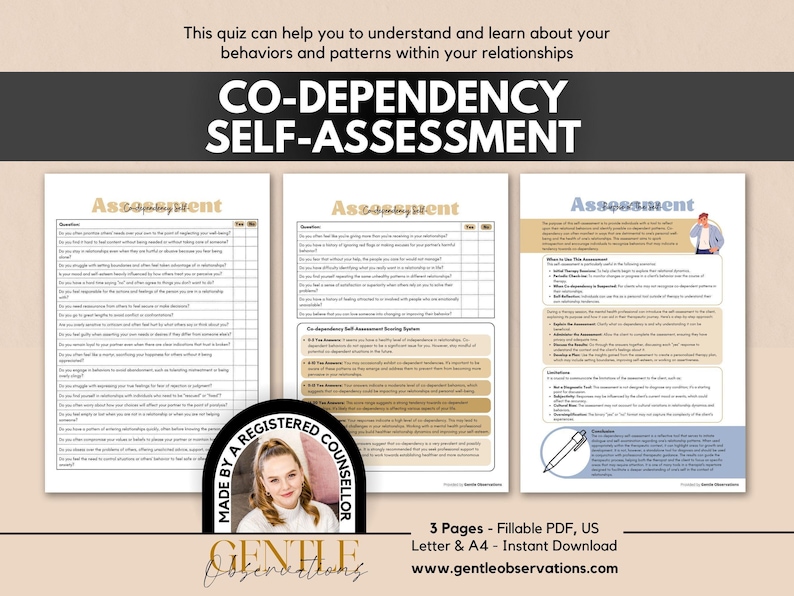 Codependent Relationships Self-Assessment for Identifying Codependent Behaviors and Traits, Codependency Therapy Worksheets, Self-Awareness image 1