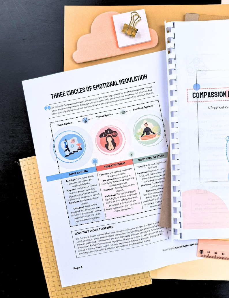 a book titled "Three Circles of Emotional Regulation" with a diagram and text explaining the three emotional regulation systems. The book is placed on a desk with a ruler and a stapler nearby.