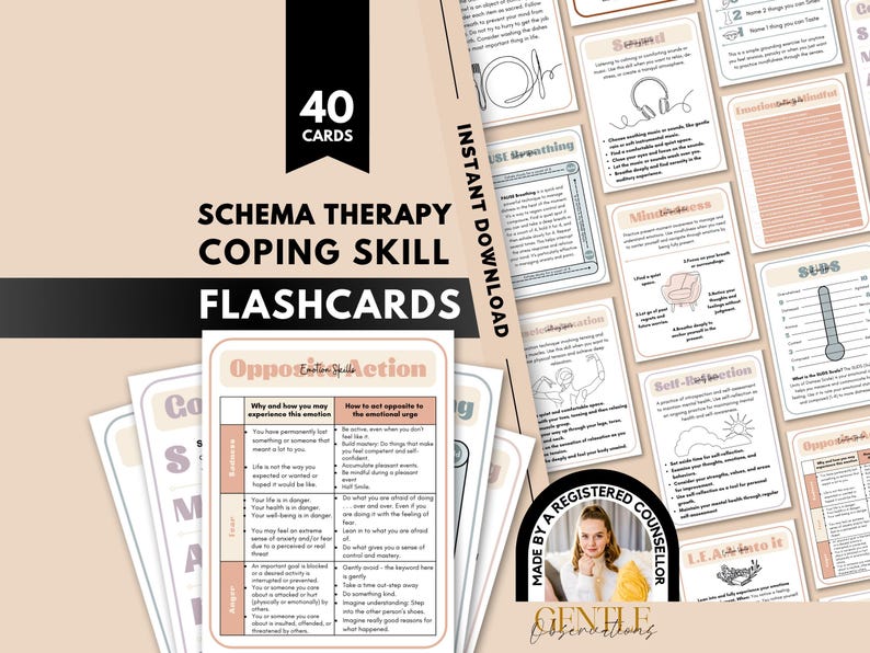 The image is a promotional poster for a therapy kit containing 40 cards, which are intended to help individuals develop coping skills. The cards appear to be designed for use in therapy sessions, with various scenarios and questions to guide the therapeutic process.