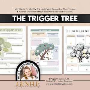 May include: Three printable worksheets titled The Trigger Tree, designed to help identify emotional triggers. Each page features a tree illustration and numbered prompts for reflection, available in US Letter and A4 sizes as a fillable PDF.