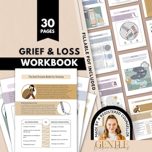 May include: A 30-page grief and loss workbook in a fillable PDF format. The pages feature educational text, diagrams, and illustrations related to the dual process model of grieving, including charts for daily activity balance and emotional processing.