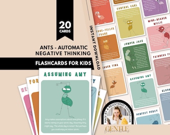 Pode incluir: Um conjunto de 20 flashcards intitulado Ants - Automatic Negative Thinking Flashcards for Kids. Cada cartão apresenta uma ilustração colorida de uma formiga com um nome e um pequeno texto descritivo sobre padrões de pensamento negativo.