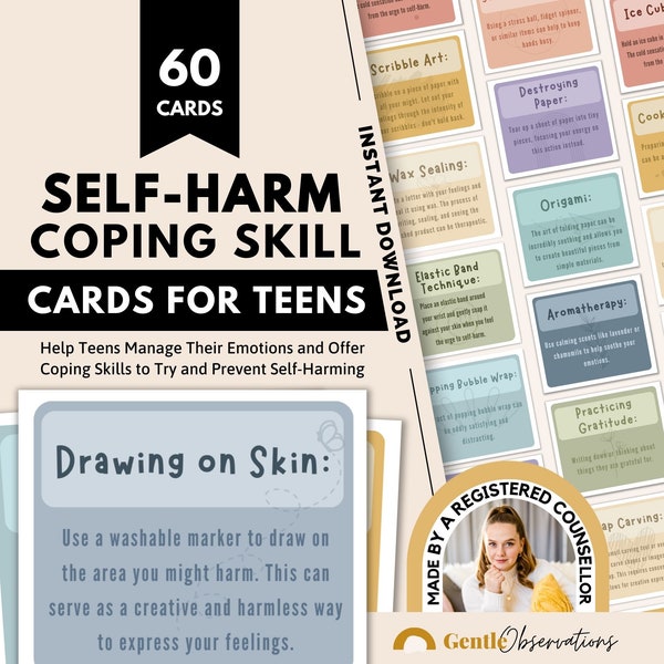 Self-Harm Coping Skill Cards For Teen Mental Health & Reflective Teen Therapy Worksheets, Teen Depression, Anxiety and Trauma Coping Skills