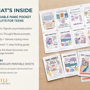 K&ouml;nnte beinhalten: Drei faltbare Taschenhefte f&uuml;r Jugendliche mit farbenfrohen Illustrationen und Texten wie Panic Signals, Panic Thought Reset und Body + Senses Reset. Das Set enth&auml;lt ein Layout-Blatt zum Falten und eine Anleitung zum Falten der Hefte.