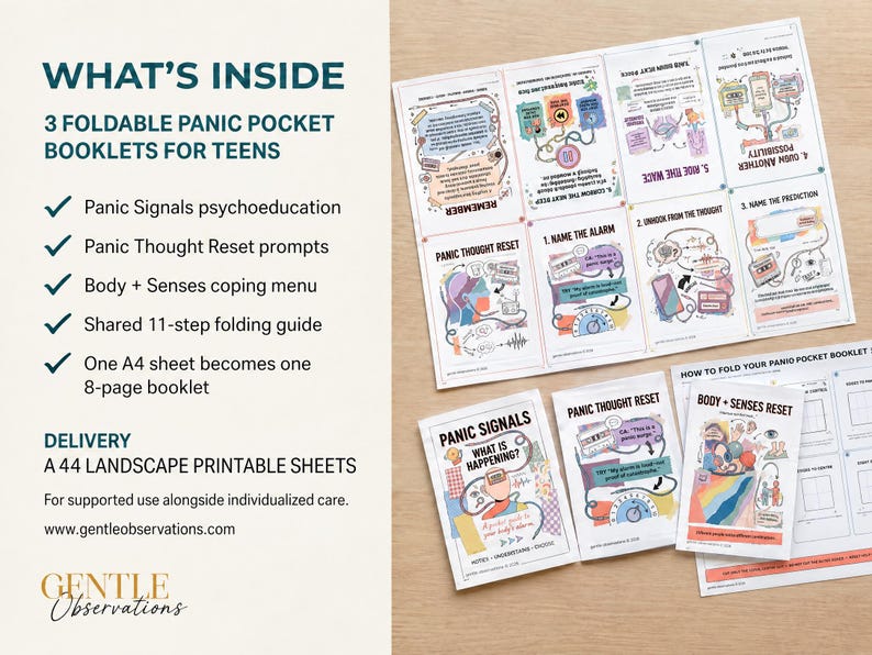 K&ouml;nnte beinhalten: Drei faltbare Taschenhefte f&uuml;r Jugendliche mit farbenfrohen Illustrationen und Texten wie Panic Signals, Panic Thought Reset und Body + Senses Reset. Das Set enth&auml;lt ein Layout-Blatt zum Falten und eine Anleitung zum Falten der Hefte.