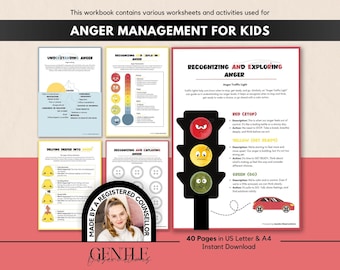 May include: An Anger Management for Kids workbook featuring various worksheets and activities. The pages include an Anger Traffic Light chart with red, yellow, and green faces, a thermometer scale, and button-themed exercises. A circular badge states Made by a Registered Counsellor.