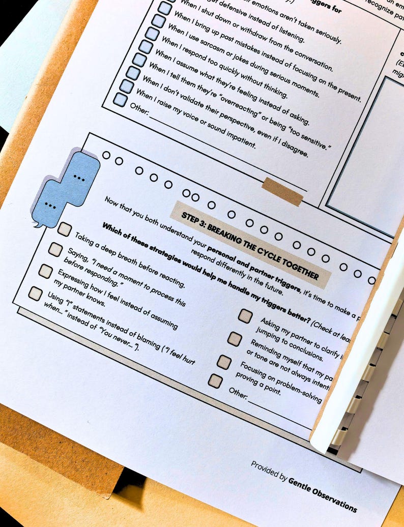 May include: A worksheet with the title "STEP 3: BREAKING THE CYCLE TOGETHER" is visible. The document features checklists and prompts designed to help understand personal and partner triggers. The text "Provided by Gentle Observations" is at the bottom.