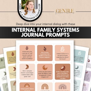 May include: A journal with prompts for Internal Family Systems, featuring a woman's portrait and the text "Deep dive into your internal dialog with these INTERNAL FAMILY SYSTEMS JOURNAL PROMPTS."