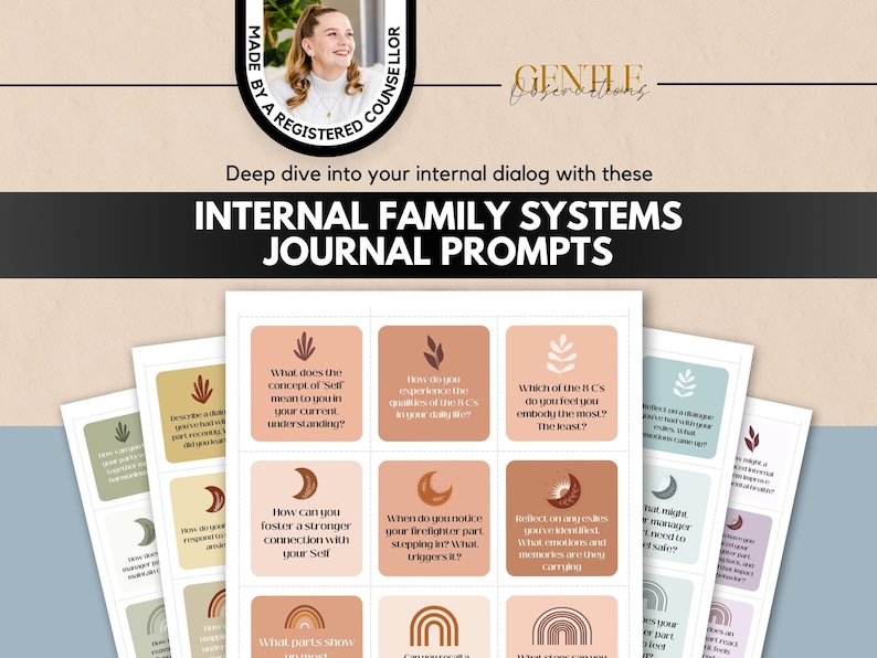 May include: A journal with prompts for Internal Family Systems, featuring a woman's portrait and the text "Deep dive into your internal dialog with these INTERNAL FAMILY SYSTEMS JOURNAL PROMPTS."