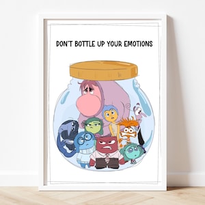 May include: A framed wall art print featuring a glass jar filled with colourful cartoon characters representing various emotions. The text DON'T BOTTLE UP YOUR EMOTIONS is printed in black at the top. The characters include blue, red, green, yellow, and purple figures.