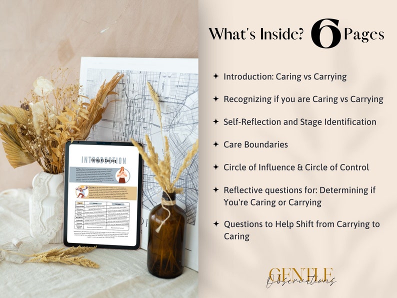 May include: A digital tablet displaying a page titled "Introduction: Caring vs Carrying". The page includes a table with two columns, "Caring" and "Carrying", and lists characteristics of each. The tablet is on a table with dried flowers and a vase.