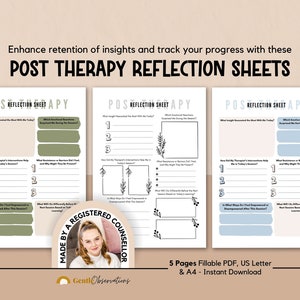 Post Therapy Reflection Worksheets, Therapy Progress Tracker, Therapy Office Forms, Post Therapy Journal Prompts, Coping Skills Sheets