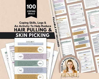 Body-Focused Repetitive Behavior Worksheets for Skin Picking & Hair Pulling, 100 Coping Skills for OCD Related Conditions, Trichotillomania