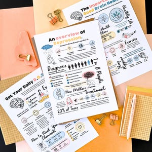 three printed sheets of information about depression, including an overview, diagnosis, and treatment. The sheets are accompanied by various office supplies such as pens, pencils, and a stapler, as well as a pink folder and a yellow folder.