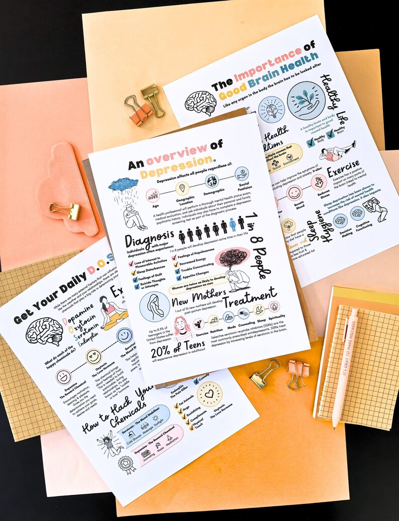 three printed sheets of information about depression, including an overview, diagnosis, and treatment. The sheets are accompanied by various office supplies such as pens, pencils, and a stapler, as well as a pink folder and a yellow folder.