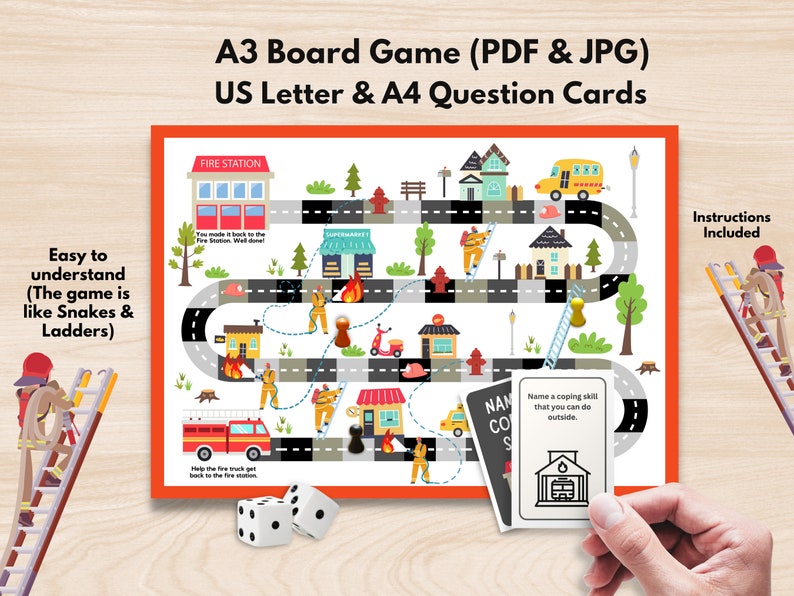 May include: A board game featuring a fire truck and firefighters on a game board with a red border. The game board is designed to look like a street with houses and a fire station. The game is similar to Snakes and Ladders. The game includes A4 question cards with coping skills. Instructions are included.