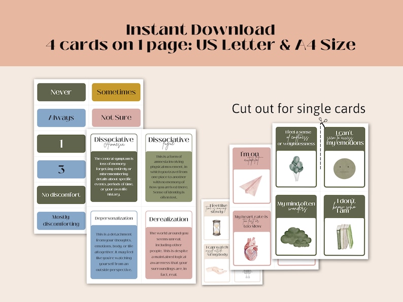 May include: Printable cards with green, brown, and pink backgrounds. The cards feature text and illustrations related to dissociative experiences. The text includes phrases like "I'm out of it", "My mind often wanders", "I can't seem to express my emotions", and "I don't know who I am".