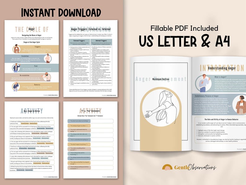 This anger management workbook is an instant download available in a fillable PDF, US letter and A4