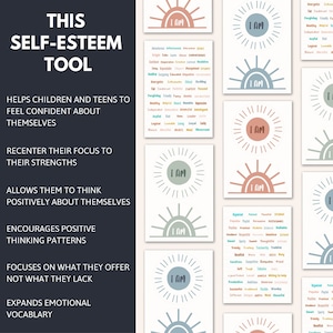 May include: A set of printable posters with a sun graphic and the words "I AM" in the center. Each poster features a list of positive adjectives, such as "brave", "creative", and "kind". The posters are designed to help children and teens build self-esteem.