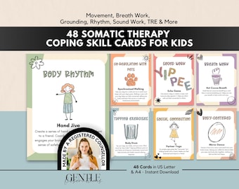 Peut inclure: Un ensemble de 48 cartes de compétences d'adaptation en thérapie somatique pour enfants avec des illustrations et du texte incluant Body Rhythm, Sound Work, Breath Work, Co-regulation with Pets, Tapping Exercises, Social Connection et Body-Centered.