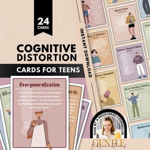 Puede incluir: Un conjunto de 24 tarjetas de distorsiones cognitivas para adolescentes con ilustraciones y texto. Las tarjetas se muestran apiladas y extendidas, presentando varios conceptos psicológicos como la sobregeneralización con paletas de colores suaves.