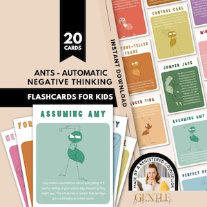 May include: A set of 20 flashcards titled ANTS - AUTOMATIC NEGATIVE THINKING FLASHCARDS FOR KIDS. Each card features a cartoon ant character with a name and a short descriptive text. The cards are displayed in a grid layout with a beige background.