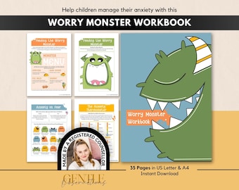 May include: A Worry Monster Workbook featuring a large green monster on the cover, with four interior pages showing activities like Feeding the Worry Monster, Anxiety vs Fear, and The Anxiety Thermometer, plus a badge stating Made by a Registered Counsellor.