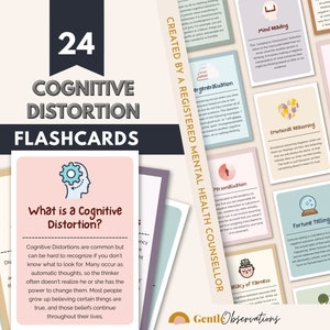 Flashcards voor cognitieve vervorming, cognitieve gedragstherapie, therapiehulpmiddel, kaarten voor copingvaardigheden, psychologiebureau, DGT-kaarten, nutteloze denkpatronen, angst