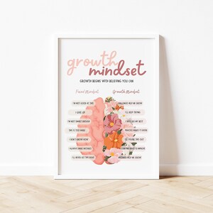 May include: A framed educational wall art print featuring the text growth mindset and growth begins with believing you can. The design displays a brain split into two halves: one side is solid pink, and the other is composed of colorful floral illustrations.
