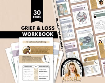 Könnte beinhalten: Ein 30-seitiges Arbeitsbuch zu Trauer und Verlust mit ausfüllbaren PDF-Seiten, pädagogischen Inhalten, Diagrammen und Aktivitätstabellen. Das Dokument enthält den Text The Dual Process Model for Grieving sowie Illustrationen einer Person und eines Stifts.