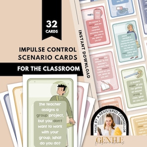 Puede incluir: Un conjunto de 32 tarjetas de escenarios de control de impulsos para el aula, con ilustraciones en tonos pastel y textos. Las tarjetas se presentan como descarga instantánea, con una insignia circular que indica que fueron creadas por un consejero.