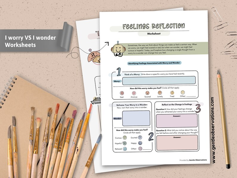 May include: Two worksheets titled "I Worry VS I Wonder" and "Feelings Reflection." The worksheets feature prompts to identify and reframe worries. A sketchbook, paintbrushes, and a pencil are also visible.