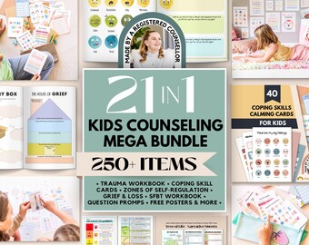Kids Therapy Bundle, Trauma Worksheets for Kids Grief Workbook, Coping Skill Cards, Restorative Justice, SFBT for Kids, Emotional Regulation