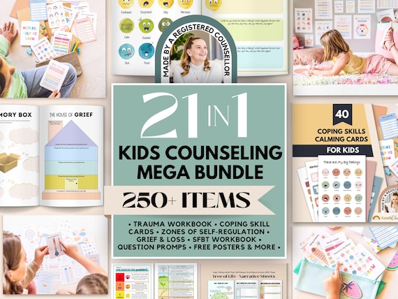 Kids Therapy Bundle, Trauma Worksheets for Kids Grief Workbook, Coping Skill Cards, Restorative Justice, SFBT for Kids, Emotional Regulation