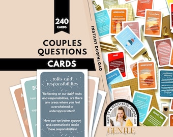 May include: A set of 240 couples questions cards featuring various colors and themes. The cards include text such as Roles and Responsibilities, Appreciation, Trust, and Quality Time. A circular badge states Made by a Registered Counselor.