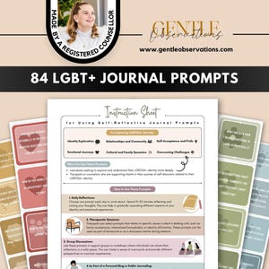 Op de afbeelding: Een verzameling van 84 LGBT+ journal prompts gepresenteerd op meerdere geprinte vellen. Het centrale instructieblad bevat secties voor identiteitsverkenning, relaties en zelfacceptatie, met tekst die uitlegt hoe deze prompts gebruikt kunnen worden.