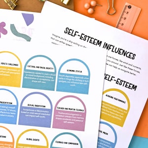 Puede incluir: Documentos impresos titulados "SELF-ESTEEM INFLUENCES" con gr&aacute;ficos coloridos y texto sobre la autoestima. Clips dorados y verdes, chinchetas y una regla est&aacute;n esparcidos alrededor de los documentos sobre una superficie naranja.