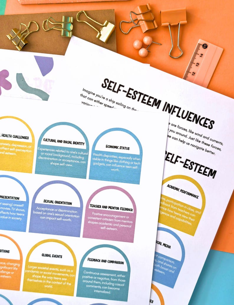 Puede incluir: Documentos impresos titulados "SELF-ESTEEM INFLUENCES" con gr&aacute;ficos coloridos y texto sobre la autoestima. Clips dorados y verdes, chinchetas y una regla est&aacute;n esparcidos alrededor de los documentos sobre una superficie naranja.