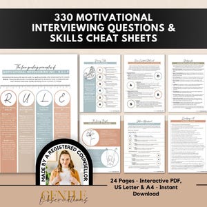 May include: A collection of 330 motivational interviewing questions and skills cheat sheets presented as 24 pages of interactive PDF documents. The pages feature text, diagrams, and illustrations in muted tones of blue, peach, and white.