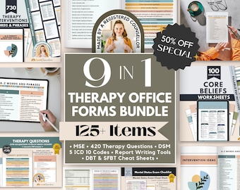Therapy Office Forms Bundle (50% OFF), Therapy Interventions, Mental Status Exam, Core Beliefs, DSM ICD-10 Codes, Therapy Question Prompts