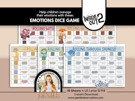 Inside Out 2: School Counseling Dice Game for Teens & Tweens Group Therapy, Coping Skill Therapy Questions for Anxiety, Depression, and More