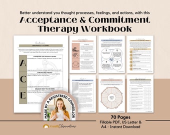 Acceptance And Commitment Therapy Workbook for Adults, Cognitive Defusion, Values Worksheets, Dropping Anchor, Mindfulness Worksheets, CBT