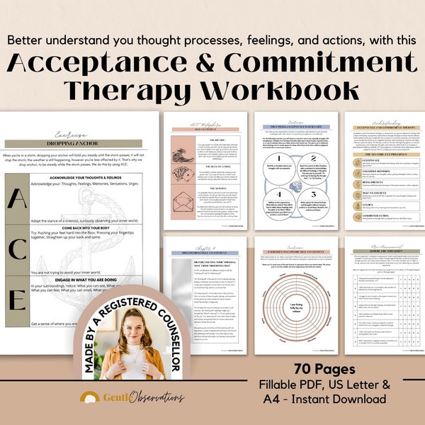 Acceptance And Commitment Therapy Workbook for Adults, Cognitive Defusion, Values Worksheets, Dropping Anchor, Mindfulness Worksheets, CBT